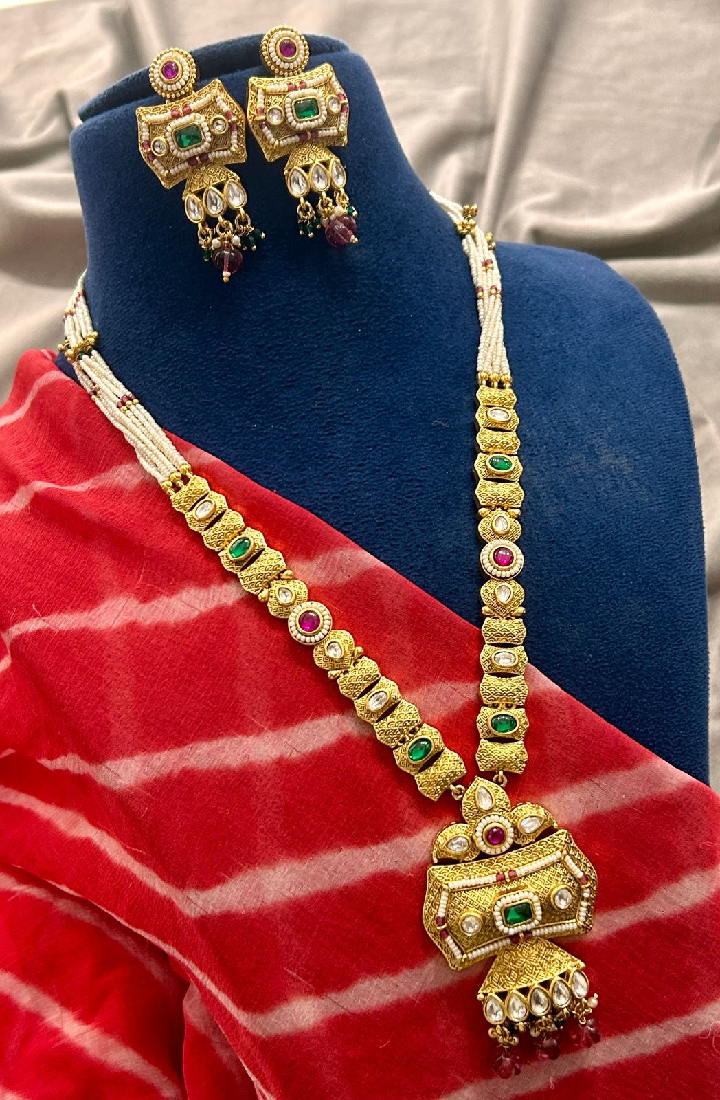 Traditional Temple Jewellery Pearl Haram with Ruby & Emerald Stones